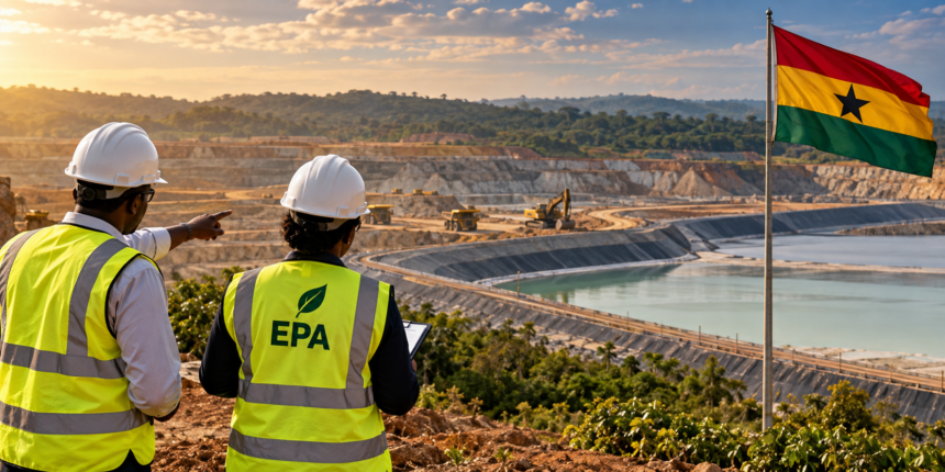 Gold mining operation in Ghana illustrating environmental regulation, tailings management and mining compliance.