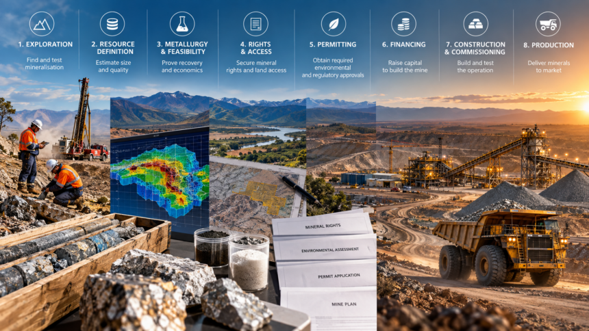Stages of mine development from mineral exploration and resource definition to permitting, construction and production.