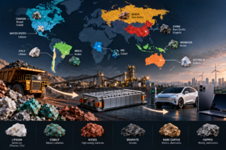 Global map showing the countries that supply lithium, cobalt, nickel and graphite for batteries