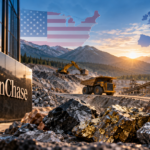 JPMorganChase critical-minerals financing initiative with an open-pit mine, mineral samples and processing infrastructure.