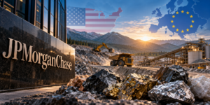 JPMorganChase critical-minerals financing initiative with an open-pit mine, mineral samples and processing infrastructure.
