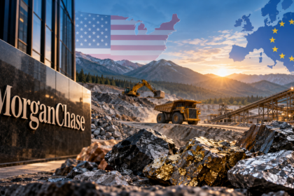 JPMorganChase critical-minerals financing initiative with an open-pit mine, mineral samples and processing infrastructure.