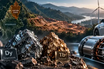 Dysprosium and terbium in the global heavy rare earth supply chain, with Myanmar mining landscapes and electric motor technology.