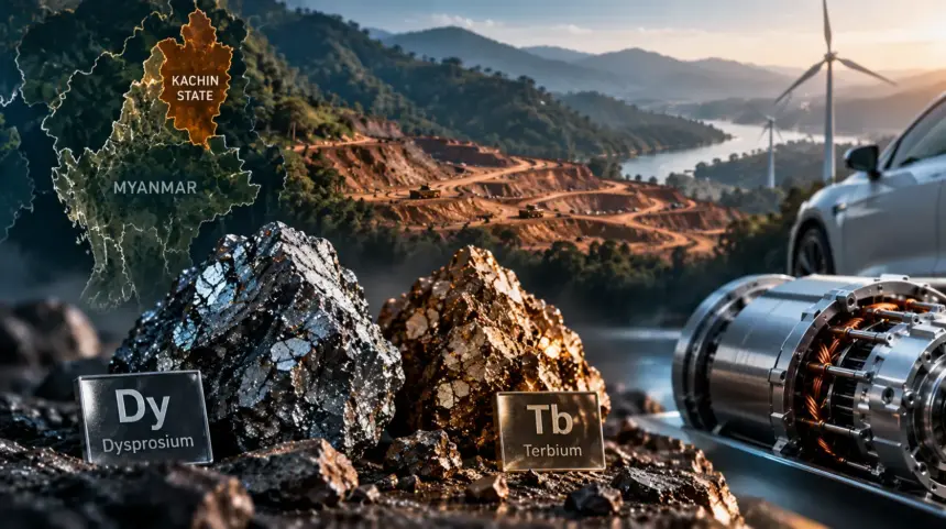 Dysprosium and terbium in the global heavy rare earth supply chain, with Myanmar mining landscapes and electric motor technology.