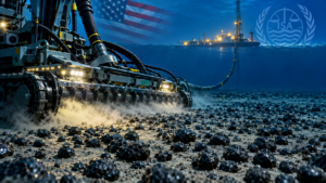 Deep-sea mining equipment collecting polymetallic nodules from the Pacific Ocean floor