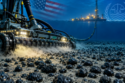 Deep-sea mining equipment collecting polymetallic nodules from the Pacific Ocean floor