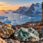 Arctic Greenland mineral exploration site with drilling equipment, mineral-rich rocks and an iceberg-filled fjord.