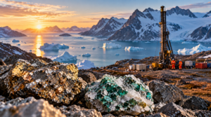 Arctic Greenland mineral exploration site with drilling equipment, mineral-rich rocks and an iceberg-filled fjord.