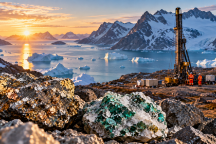 Arctic Greenland mineral exploration site with drilling equipment, mineral-rich rocks and an iceberg-filled fjord.