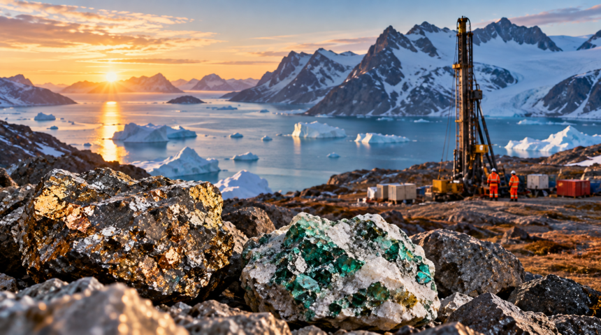 Arctic Greenland mineral exploration site with drilling equipment, mineral-rich rocks and an iceberg-filled fjord.